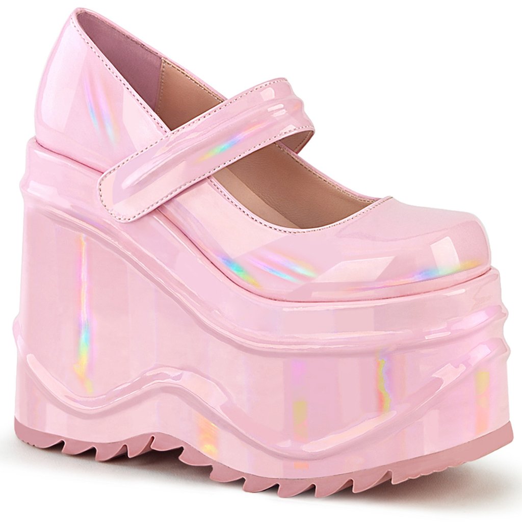 Chaussures Plateforme Demonia Wave 32 Hologramme Femme - Rose 32894-BSPR